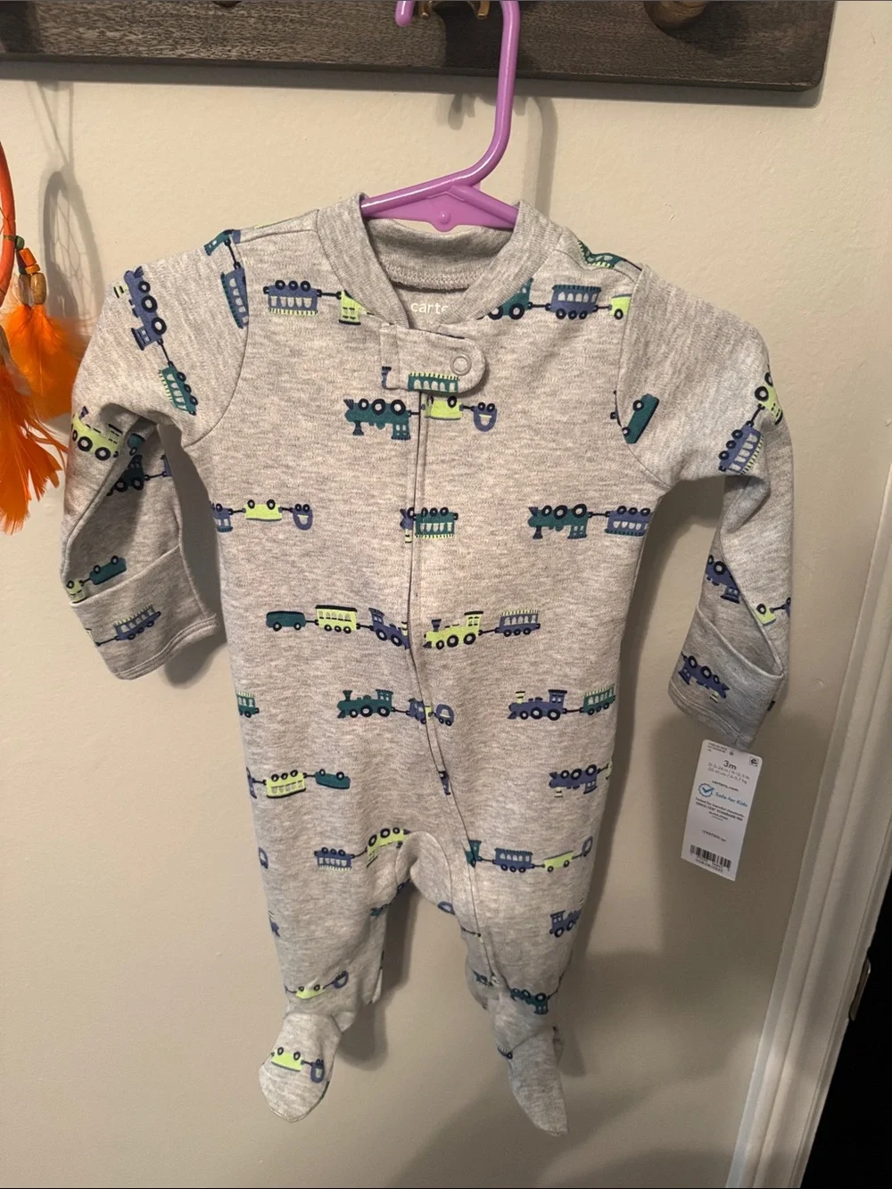 Carter's Light Gray Train-Print Footed One-Piece